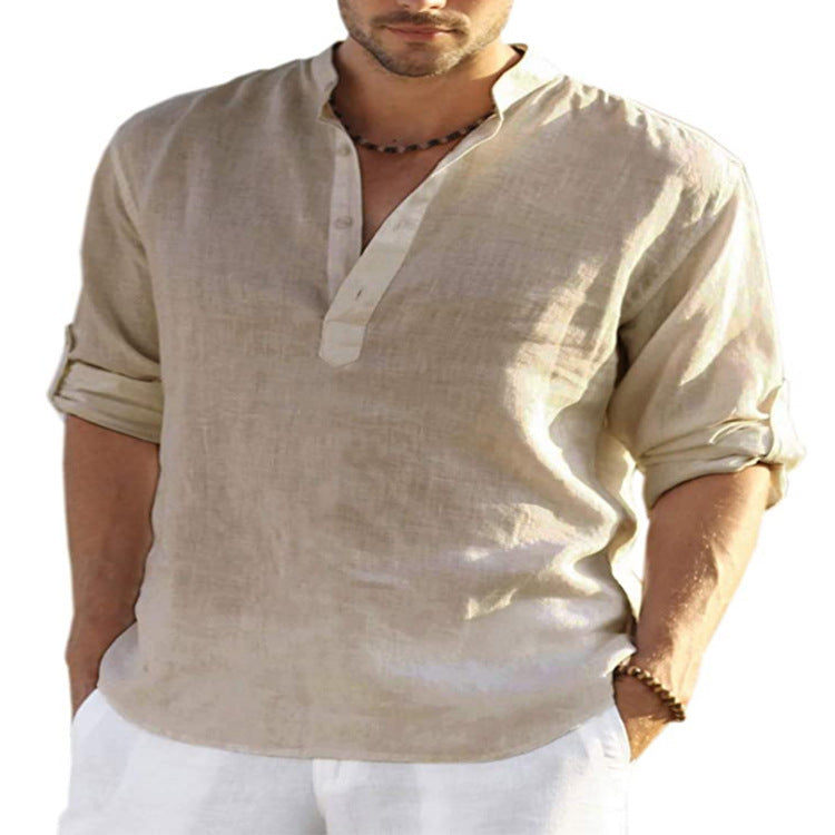 Muslim Style Men's Shirt Casual Cotton Linen Long Sleeve Stand Collar | trend ITZ