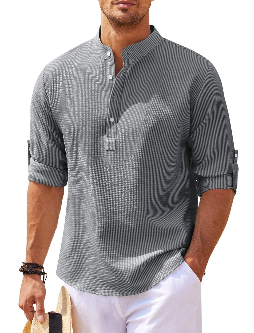 Men’s Casual Shirt Long Sleeve Stand Collar Solid Color | trend ITZ
