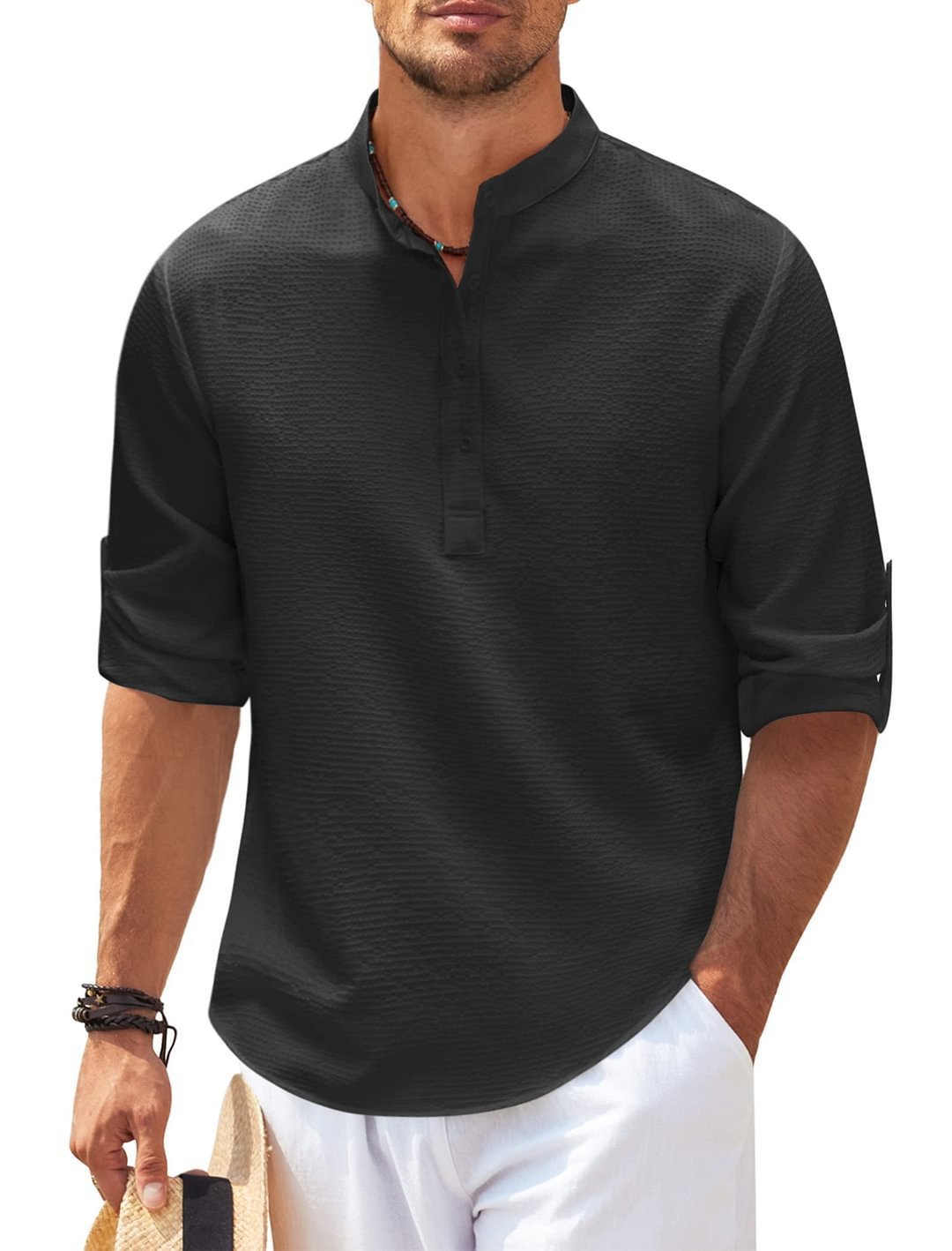 Men’s Casual Shirt Long Sleeve Stand Collar Solid Color | trend ITZ