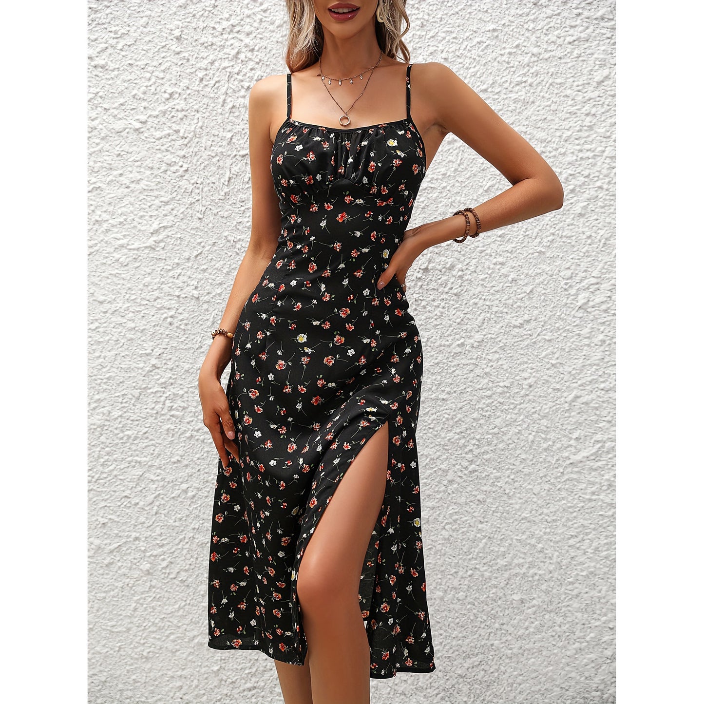 New Polka Dot Print Womens Dress Suspenders Summer Sexy Split Long Dress | trend ITZ