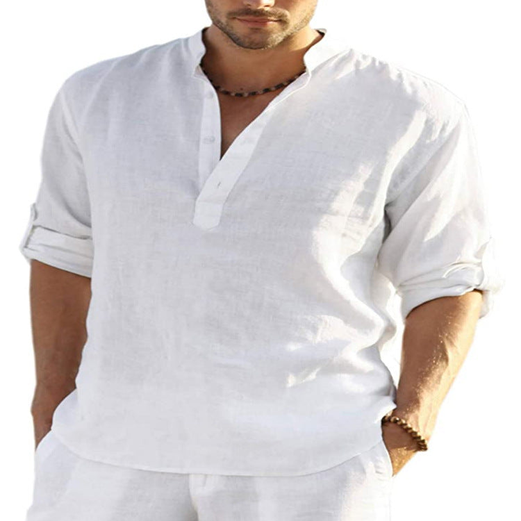 Muslim Style Men's Shirt Casual Cotton Linen Long Sleeve Stand Collar | trend ITZ