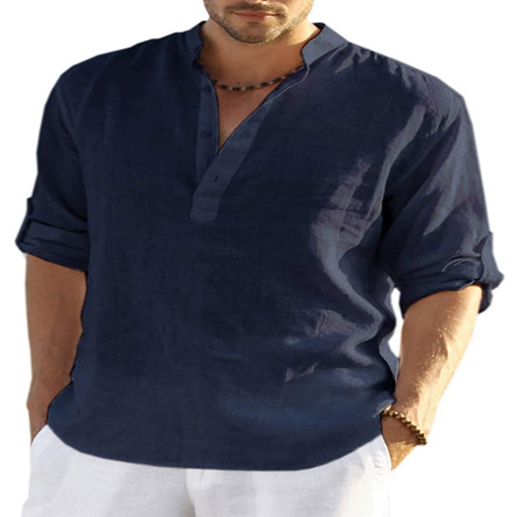 Muslim Style Men's Shirt Casual Cotton Linen Long Sleeve Stand Collar | trend ITZ