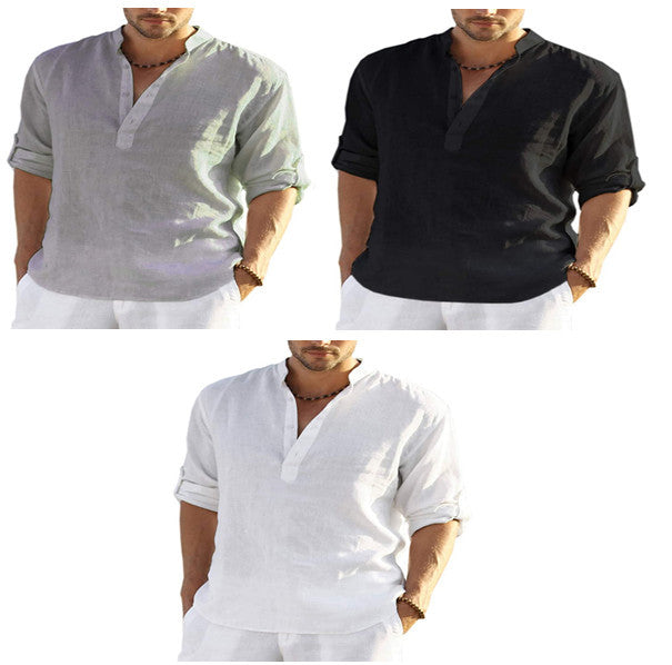 Muslim Style Men's Shirt Casual Cotton Linen Long Sleeve Stand Collar | trend ITZ